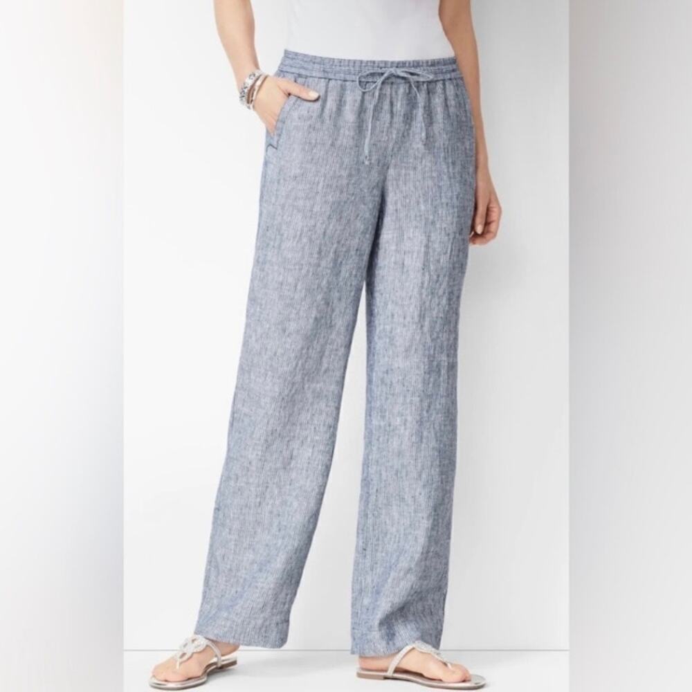 Talbots 100% Linen Wide Leg Pants Navy & White Striped Vacation Beach Casual 16P